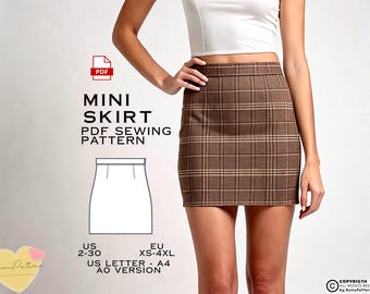 May include: A PDF sewing pattern for a mini skirt. The pattern includes sizes US 2-30 and EU XS-4XL. The pattern is available in US Letter and A0 sizes.