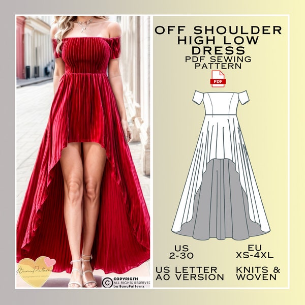 Hi-Low Off Shoulder Dress Sewing Pattern, Prom Dress PDF Sewing Pattern Instant Download, Bridesmaid Dress, US 2-30 Plus Size, Eu Xs-4xl