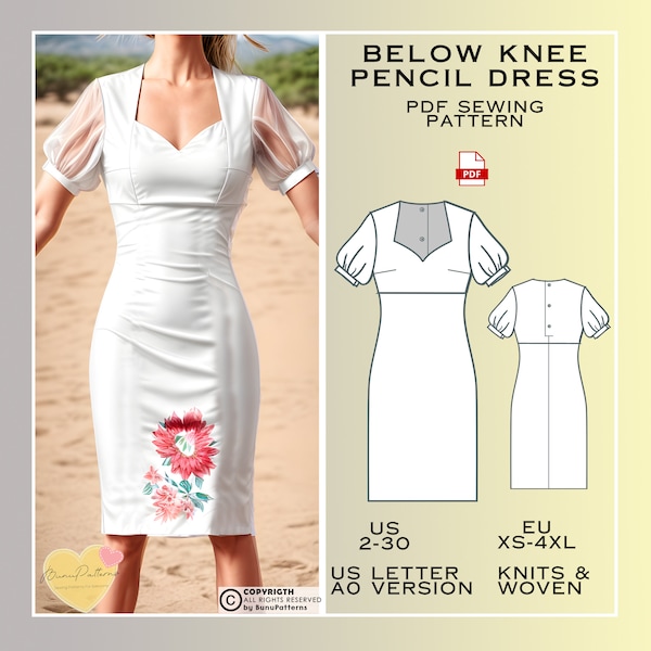 Below Knee Pencil Dress Sewing Pattern, PDF Sewing Pattern Instant Download, Easy Digital Pdf US Sizes 2-30, Plus Size Pattern, Night Dress