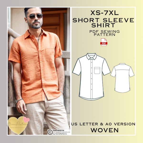 Men Short Sleeve Shirt Sewing Pattern, Man Pocket Shirt Sewing Pattern, PDF Pattern Instant Download, Xs-7xl, Plus Size Patterns, Man Linen