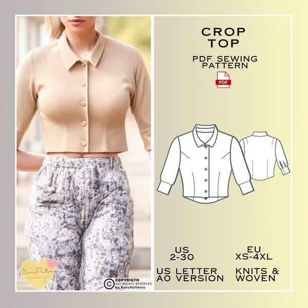 Crop Shirt Sewing Pattern, Top PDF Sewing Pattern Instant Download, US Sizes 2-30, Plus Size Pattern, Vintage Blouse, 20's Fashion