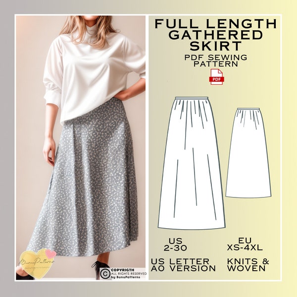 Full Length Skirt Sewing Pattern, Modest PDF Sewing Pattern Instant Download, Long Skirt Easy Digital Pdf, Ladies Sizes 2-30, Plus Size
