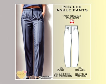 Ankle Peg Leg Pants Sewing Pattern, Cosy Everyday Trousers PDF Sewing Pattern Instant Download, US 2-30, EU Xs-4xl, Plus Size Pattern