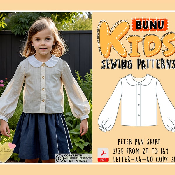 Girl Peter Pan Collar Shirt Sewing Pattern, Bishop Sleeve Girl Shirt PDF Sewing Pattern, Kid Sewing Patterns, 2T-16Y Sizes, Instant Download