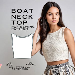Peut inclure: Un patron de couture numérique pour un haut sans manches à col bateau. Le patron comprend les tailles US 2-30 et EU XS-4XL. Le patron est disponible en format A4 et est une version A0.