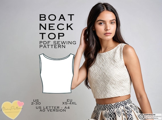 Boat Neck Crop Top Sewing Pattern: US Sizes 2-30 (PDF Download)