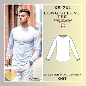 May include: A light blue long sleeve tee shirt is shown on a person. The image also includes a line drawing of the shirt and the text "XS-7XL LONG SLEEVE TEE PDF SEWING PATTERN US LETTER & AO VERSION KNIT".
