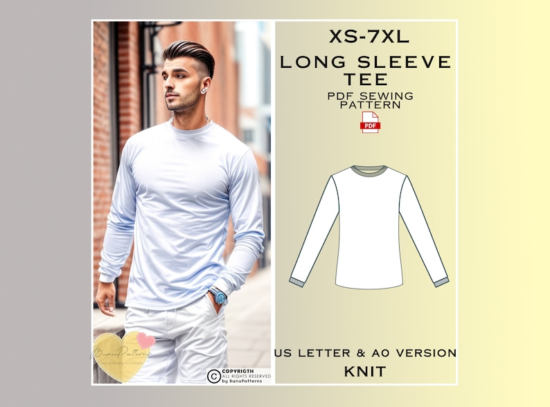 May include: A light blue long sleeve tee shirt is shown on a person. The image also includes a line drawing of the shirt and the text "XS-7XL LONG SLEEVE TEE PDF SEWING PATTERN US LETTER & AO VERSION KNIT".