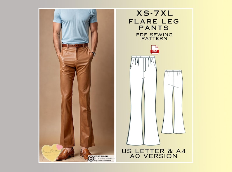 70’s Flare Leg Pants PDF Sewing Pattern, Men Pants Digital Patterns - Etsy