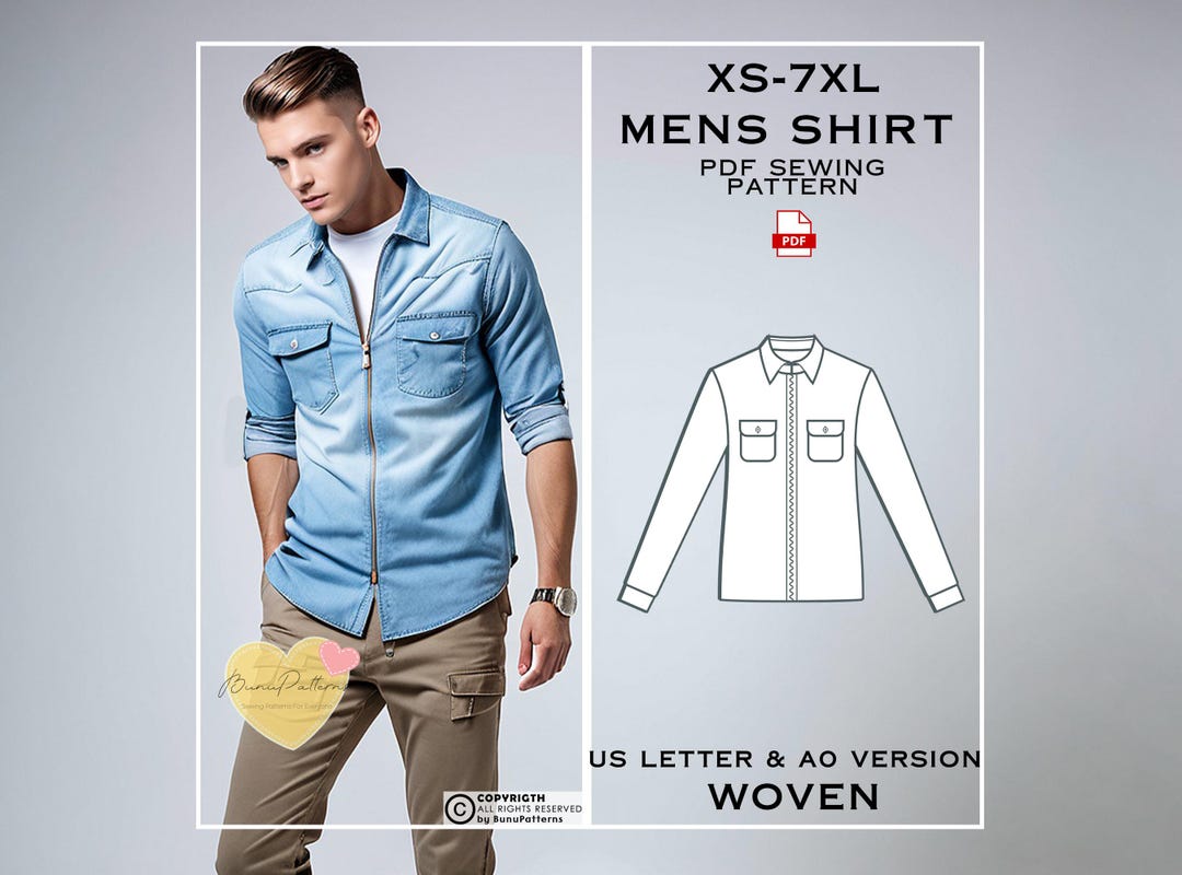 Men's Front Zipper Shirt Jacket Sewing Pattern: Plus Size Linen (PDF ...