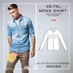 May include: A PDF sewing pattern for a men's shirt, sizes XS-7XL. The pattern is for a woven shirt with a zipper closure and two pockets. The pattern is available in US Letter and A0 sizes.