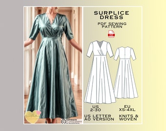 Surplice Dress Sewing Pattern, Nightgown Pattern, Us 2-30, Prom Dress PDF Sewing Patterns, Party Dress Patterns, Bridesmaid Dress