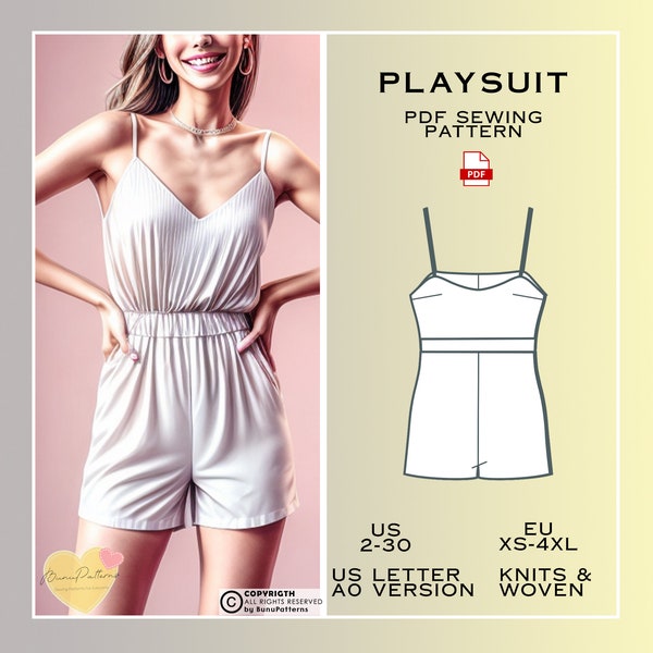 Playsuit Pdf Sewing Pattern, Boho Romper Sewing Pattern, Jumpsuit Sewing Pattern, Basic sewing pattern, Overalls Pattern, Instant Download