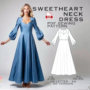 Sweetheart Neck Full Dress PDF Sewing Pattern, Prom Dress Sewing Pattern, Easy Digital Pdf, US Sizes 2-30 Eu Xs-4Xl, Bridesmaid Engagement