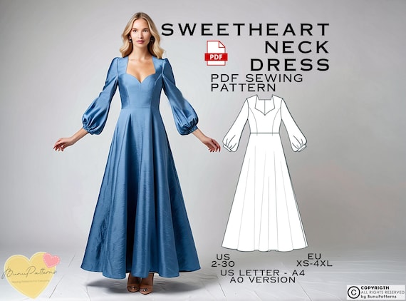 Sweetheart Neck Full Dress PDF Sewing Pattern, Prom Dress Sewing Pattern,  Easy Digital Pdf, US Sizes 2-30 Eu Xs-4xl, Bridesmaid Engagement - Etsy