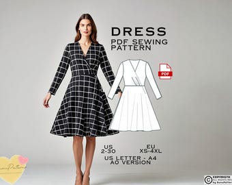 Surplice Neck Dress Sewing Pattern: Below Knee, US Sizes 2-30 (PDF Pattern)
