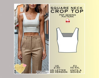 Square Neck Crop Top Sewing Pattern, T-Shirt PDF Sewing Pattern Instant Download, US Sizes 2-30, Eu Xs-4xl Plus Size Pattern, Top patterns