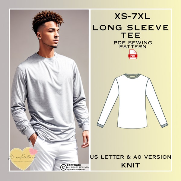 Men Long Sleeve Tee Sewing Pattern, Man Basic T-Shirt Sewing Pattern, PDF Pattern Instant Download, Xs-7xl, Plus Size Patterns, Men's Linen