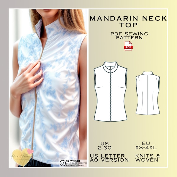 Mandarin Neck Top Sewing Pattern, T-Shirt PDF Sewing Pattern Instant Download, US Sizes 2-30, Eu Xs-4xl Plus Size Pattern, Top patterns