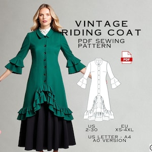 Peut inclure: Patron de couture PDF pour un manteau d'équitation vintage avec un ourlet à volants. Le patron est disponible dans les tailles US 2-30 et EU XS-4XL. Le patron est imprimé sur du papier format US Letter en format A4.