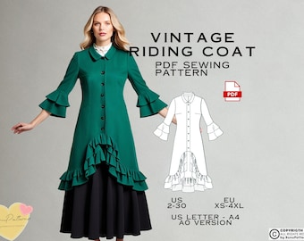 Vintage Riding Coat Sewing Pattern: Plus Size Overcoat (PDF Download)