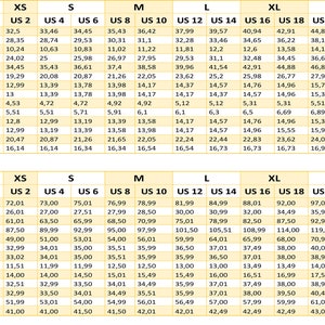 May include: A chart showing women's clothing size conversions for inches and US sizes. The chart includes measurements for bust, under bust, upper arm, waist, hips, thigh, knee, neck, shoulder width, wrist, back width, bust height, front length, and back length.