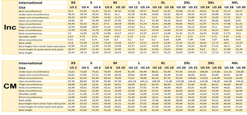 May include: A chart showing women's clothing size conversions for inches and US sizes. The chart includes measurements for bust, under bust, upper arm, waist, hips, thigh, knee, neck, shoulder width, wrist, back width, bust height, front length, and back length.