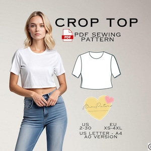 Crop Top Sewing Pattern, T-Shirt PDF Sewing Pattern Instant Download, US Sizes 2-30, Plus Size Pattern, Top patterns, Women Summer Pattern