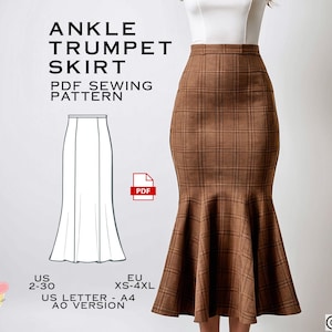 Trumpet Skirt Sewing Pattern, Ankle Length PDF Sewing Pattern Instant Download, Skirt Easy Digital Pdf, Ladies Sizes 2-30, Plus Size Pattern