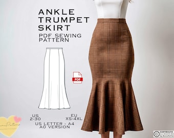 Puede incluir: Un patrón de costura digital para una falda trompeta hasta el tobillo. El patrón está disponible en las tallas US 2-30 y EU XS-4XL. El patrón se imprime en papel A4 y está disponible en una versión AO.