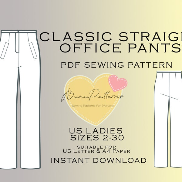 Classic Straight Pants Sewing Pattern, Office Trousers PDF Sewing, Instant Download, Easy Digital Pdf, US Sizes 2-30, Plus Size Pattern