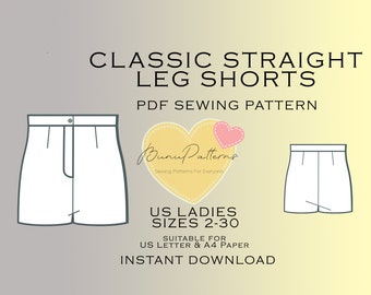 Classic Straight Leg Short Sewing Pattern, Formal Short PDF Sewing, Instant Download, Easy Digital Pdf, US Sizes 2-30, Plus Size Patterns