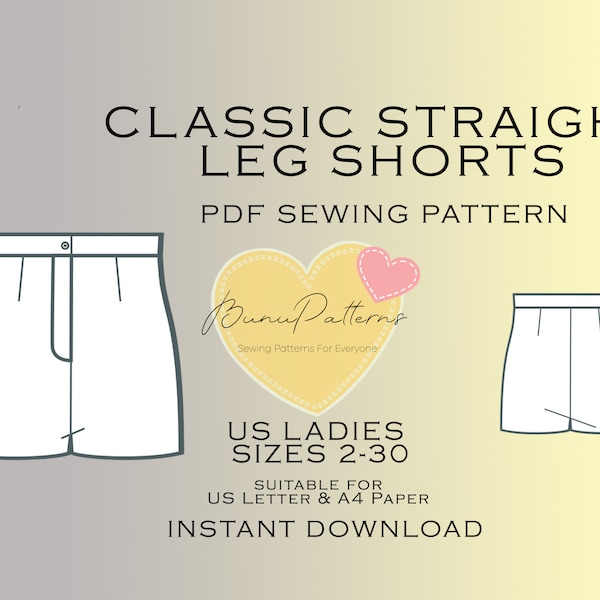 Classic Straight Leg Short Sewing Pattern, Formal Short PDF Sewing, Instant Download, Easy Digital Pdf, US Sizes 2-30, Plus Size Patterns