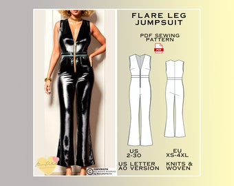 Flared Leg Jumpsuit Sewing Pattern, PDF Sewing Pattern Instant Download, US Sizes 2-30, Eu Xs-S-M-LXL-2XL-3XL Sizes, Plus Size Pattern