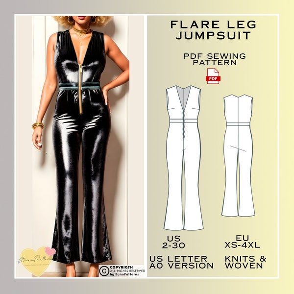 Flared Leg Jumpsuit Sewing Pattern, PDF Sewing Pattern Instant Download, US Sizes 2-30, Eu Xs-S-M-LXL-2XL-3XL Sizes, Plus Size Pattern