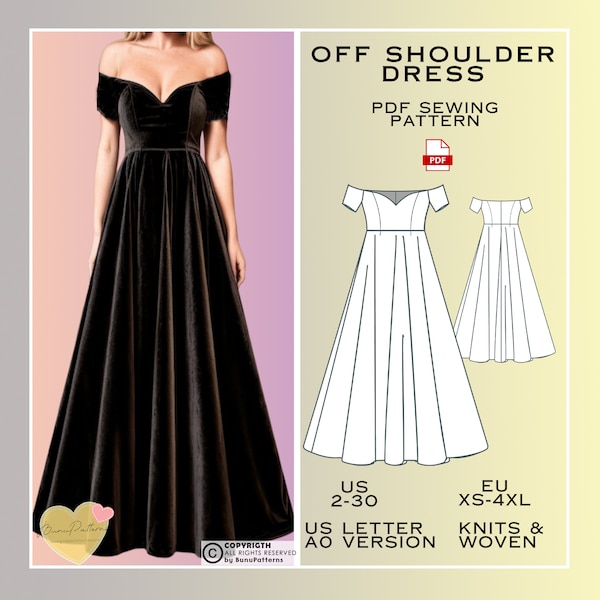 Off Shoulder Sweetheart Neck Dress Sewing Pattern, Prom Dress PDF Sewing Pattern, Bridesmaid Dress, US 2-30 Plus Size, Eu Xs-4XL