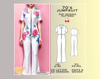 70's Jumpsuit Sewing Pattern, PDF Sewing Pattern Instant Download, Easy Digital Pdf, US Sizes 2-30, Plus Size Pattern, Vintage Clothing