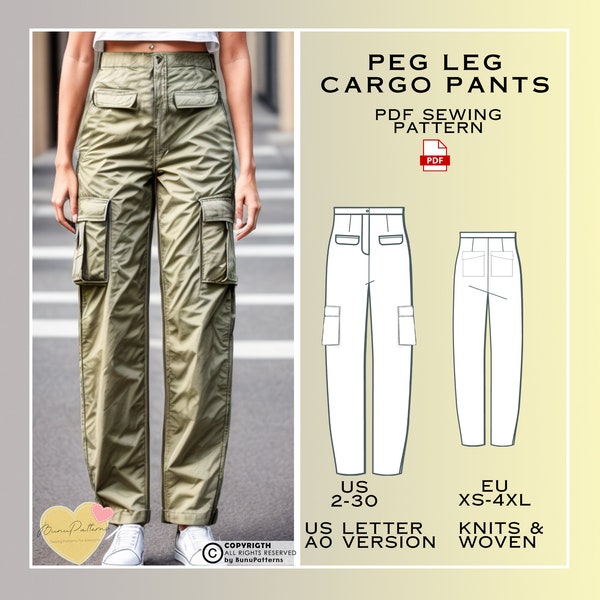 Peg Leg Cargo Pants Sewing Pattern, Safari Trousers PDF Sewing Pattern Instant Download, Ladies Sizes 2-30, Plus Size Pattern