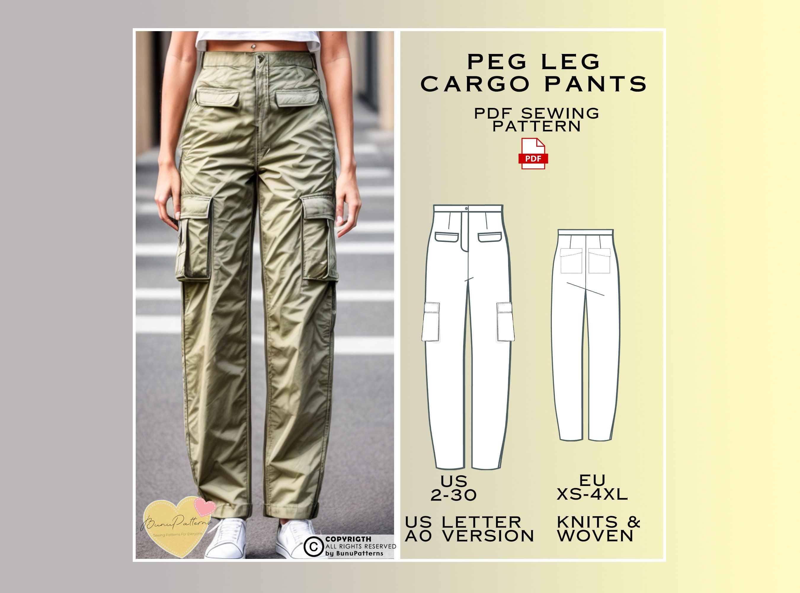 Pants Sewing Pattern For Women, Plus Size Pants In 8 Sizes XS-4XL