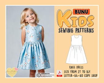 Girls Gathered Dress Sewing Pattern: Sleeveless Design, Sizes 2T-16Y (PDF Pattern)