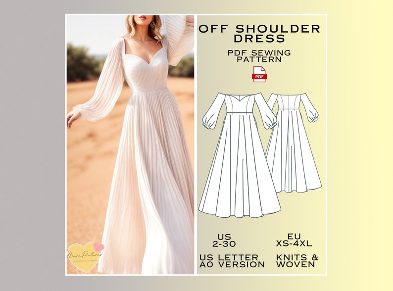 Off Shoulder Sweetheart Neck Dress Sewing Pattern, Prom Dress PDF Sewing Pattern Instant Download, Bridesmaid Dress, US Sizes 2-30 Plus Size image 2