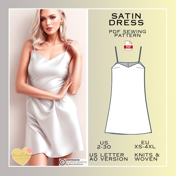 Satin Dress Sewing Pattern, Night Dresses, Dress PDF Sewing Patterns, Summer Dresses, US Sizes 2-30 Plus Size, Eu Xs-S-M-L-Xl-2Xl-3Xl-4Xl