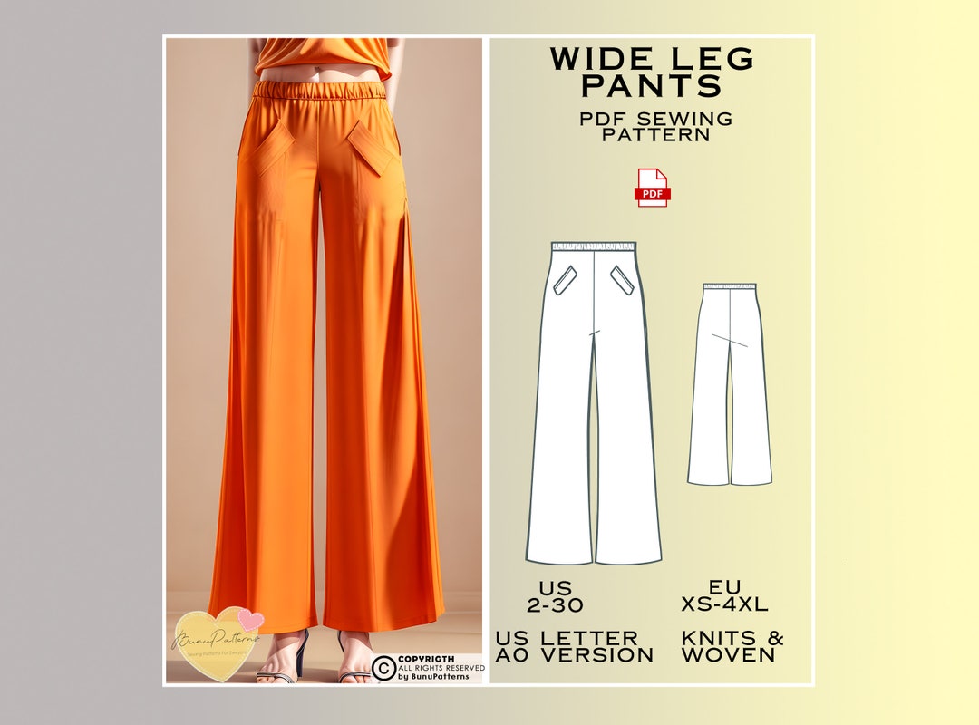 Wide Leg Pants Sewing Pattern, Elastic Waistband Pants PDF Wide Leg Pants Sewing Pattern, Elastic Waistband Pants PDF