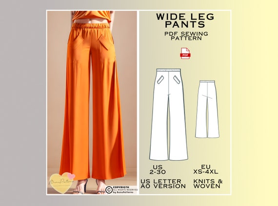 Wide Leg Pants Sewing Pattern, Elastic Waistband Pants PDF Sewing