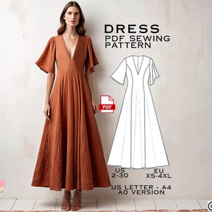 Maxi Dress Sewing Pattern, Medieval Boho Dress PDF Sewing Pattern Instant Download, Easy Digital Pdf, US Sizes 2-30, Plus Size Patterns