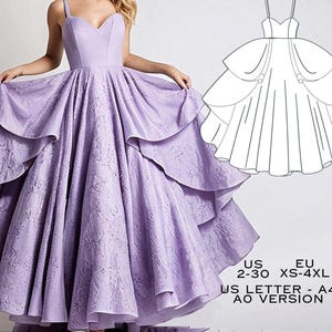 May include: A lavender-colored dress with a layered skirt and a sweetheart neckline. The dress is shown with a line drawing of the pattern for the dress.