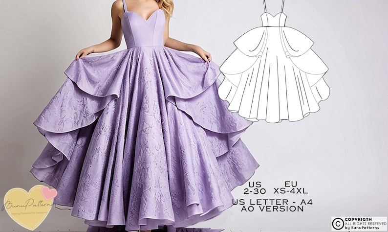 May include: A lavender-colored dress with a layered skirt and a sweetheart neckline. The dress is shown with a line drawing of the pattern for the dress.