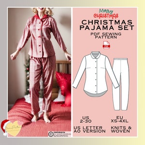 May include: A PDF sewing pattern for a Christmas pyjama set. The pattern includes a long-sleeved shirt and trousers. The pattern is available in sizes US 2-30 and EU XS-4XL. The pattern is for knits and woven fabrics.