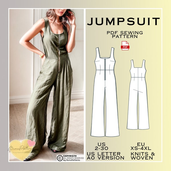 Top Tank Wide Leg Jumpsuit Modèle de couture, Modèle de couture PDF, Femme Couture Modèle numérique Pdf, Tailles américaines 2-30, Modèles de taille Plus