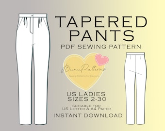 Tapered Pants Sewing Pattern, Straight Pants PDF Sewing, Instant Download, Easy Digital Pdf, US Sizes 2-30, Plus Size Pattern, Trousers